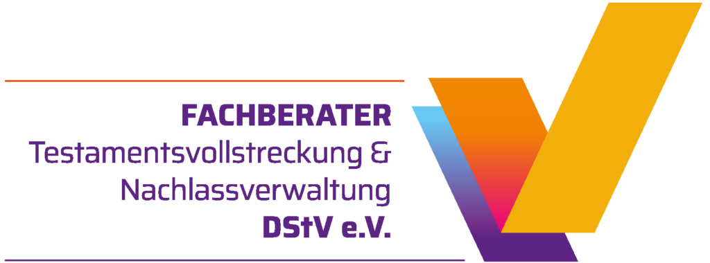Logo-Siegel "Fachberater Testamentsvollstreckung & Nachlassverwaltung DStV e.V." mit farbigem V-Symbol, das die Spezialisierung von Borgwarth & Partner auf Erbrecht und Nachlassverwaltung ausweist