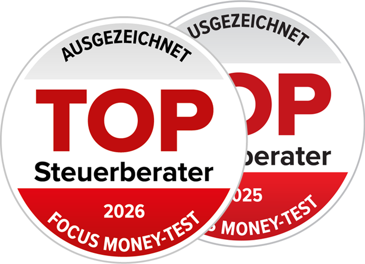 Zwei runde Siegel mit der Aufschrift "Ausgezeichnet TOP Steuerberater 2025" und "2026" im Focus Money-Test, die Borgwarth & Partner als mehrfach ausgezeichnete Kanzlei bestätigen